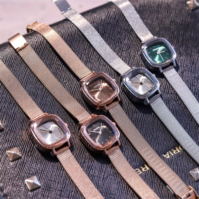 Relógio de pulso de ouro rosa feminino, relógio retrô quadrado fashion de luxo para mulheres, relógio de prata com pulseira de malha de aço