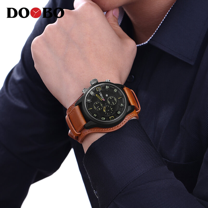 Часы наручные DOOBO Мужские кварцевые, брендовые Роскошные модные повседневные большие армейские в стиле милитари с кожаным ремешком