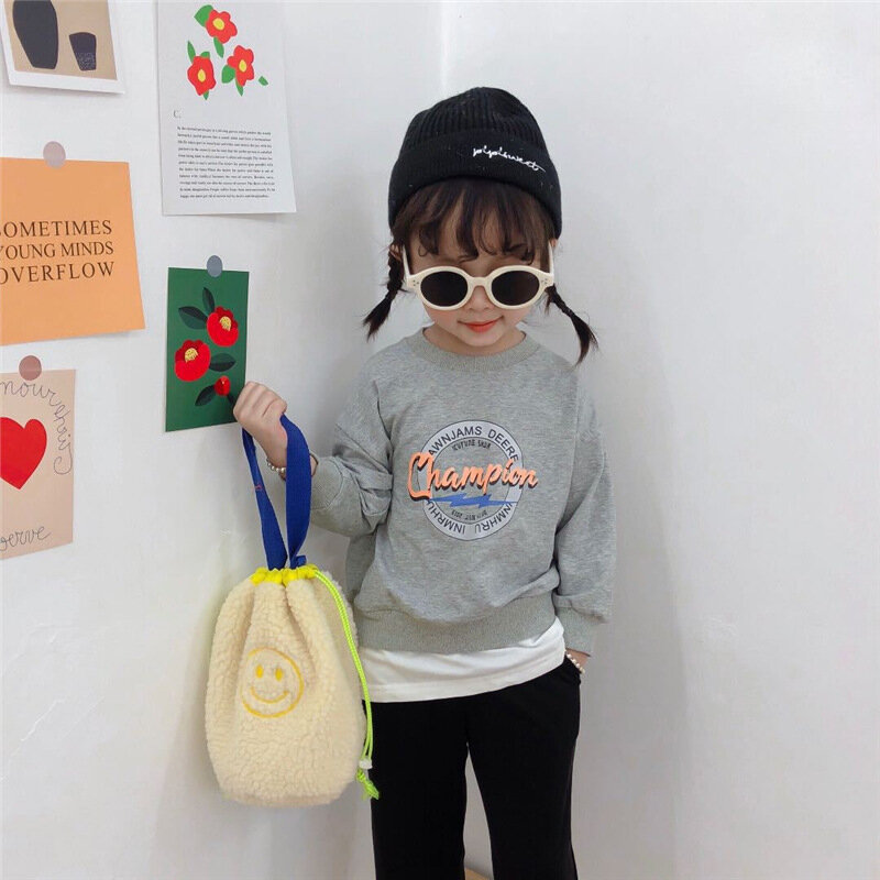 Bolsa de ombro com smile, bolsa escolar fofa de cabelo de baranho para crianças estilo coreano, bolsa de almoço para meninas e bebês com cordão