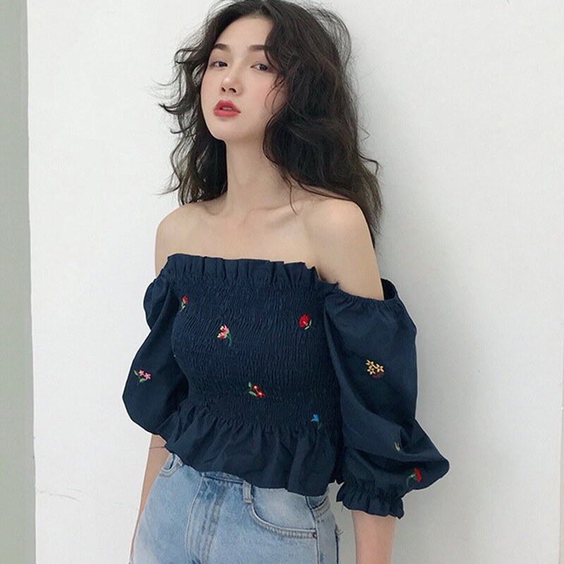 Retro Embroidery Floral Blouses Women's Sexy Slash Neck Short Sleeve Blouses Female Navel Exposed Shirt Tops