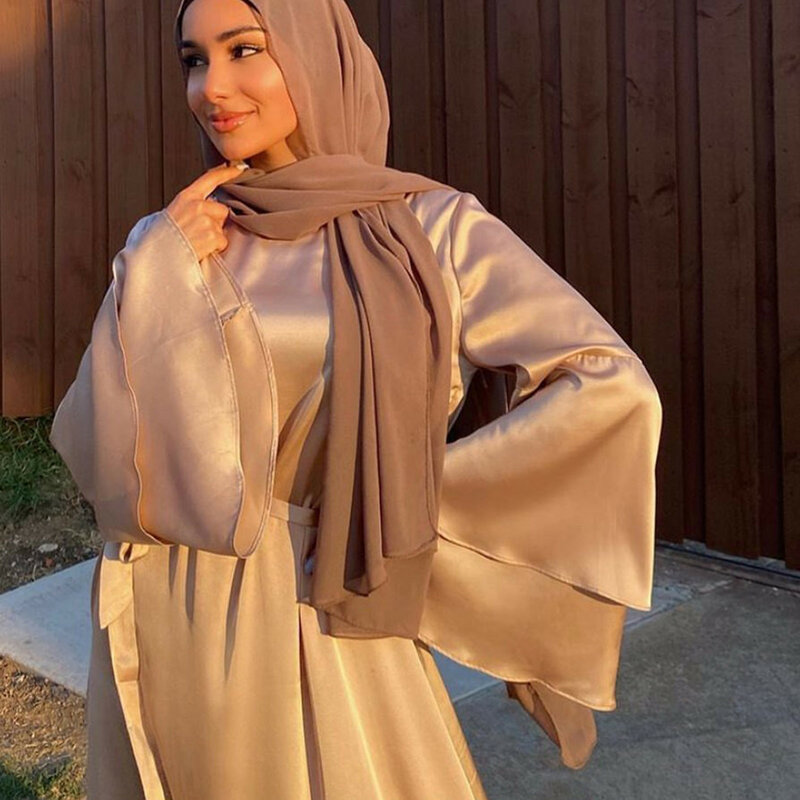 Tháng Ramadan Hồi Giáo Thời Trang Satin Đầm Maxi Nữ Hijab Đầm Eid Abaya Dubai Thổ Nhĩ Kỳ Abayas Hồi Giáo Caftan Áo Dây Longue Femme