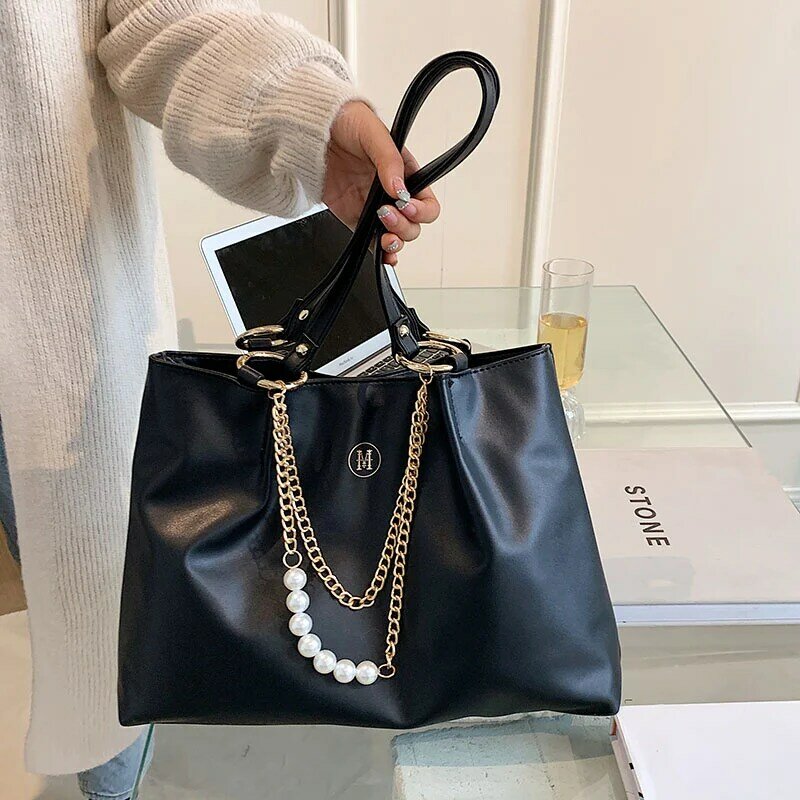 สีดำ Big Tote กระเป๋าสำหรับผู้หญิง Pearl Chain ไหล่ Hobo กระเป๋าขนาดใหญ่สุภาพสตรีกระเป๋าถือ Pu หนังหญิง Shopper ก...