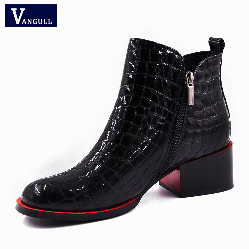 Vangull Women Boots 2018 New Fashion Shoes Woman Genuine Leather black Ankle Boots Winter Warm Wool Snow Square heel Boots