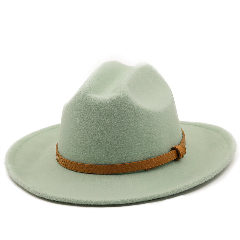 Sombrero Fedora de lana con borde grande para hombre y mujer, Sombrero de fieltro de imitación de lana con cadena de Metal, decoración de sombreros Panamá