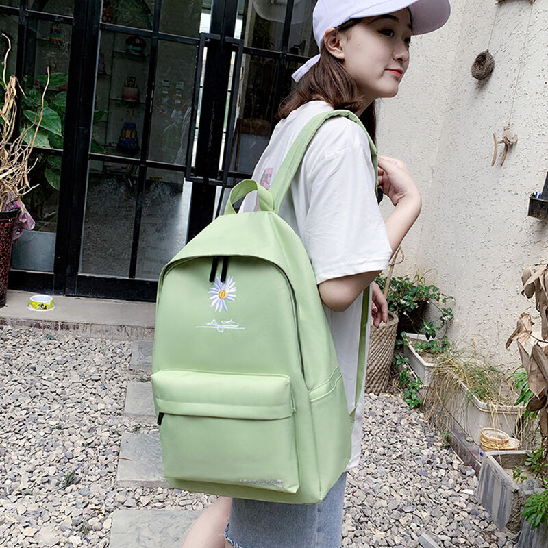 Mochila escolar grande com margaridas, mochila escolar casual de lona com grande capacidade para viagens, bolsa verde com bordado de margaridas