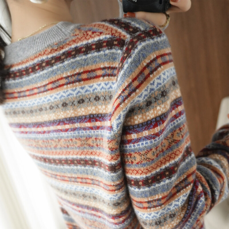 Damski sweter z grubej wełny długa koszula z okrągłym dekoltem w paski sweter krótki Ioose 2021 jesienno-zimowa nowa dzianinowa w stylu Iazy