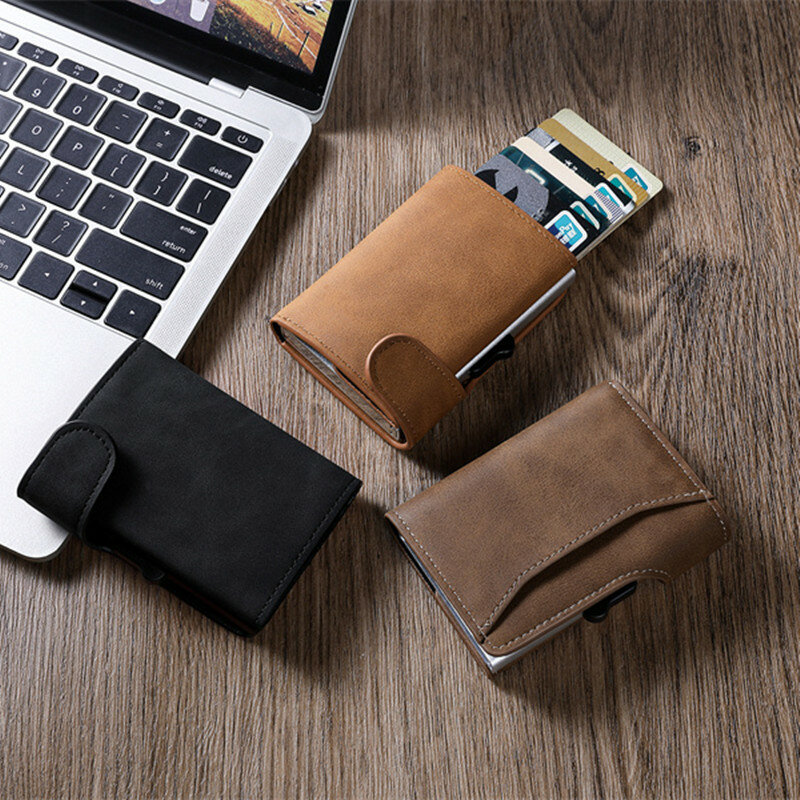 Bycobecy 2023 PU Leather Metal Box Wallet Business RFID Credit Card Holder Cases Mini Smart Money Bag Vintage Unisex Pure Purse