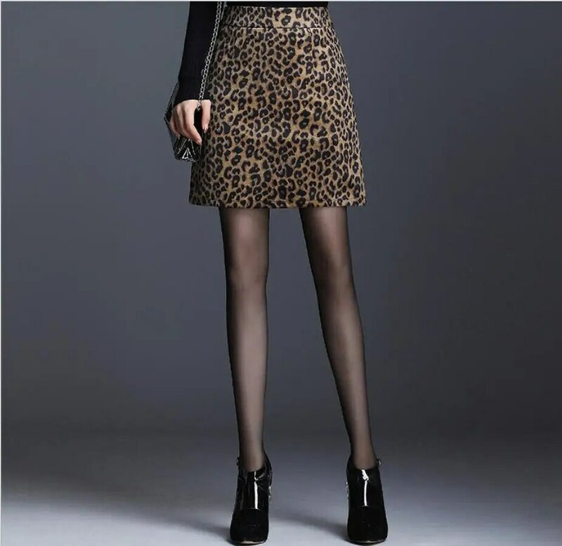 Faldas acampanadas de cintura alta para mujer, minifalda de lana con estampado de leopardo para primavera y otoño, de talla grande, Saias K1360
