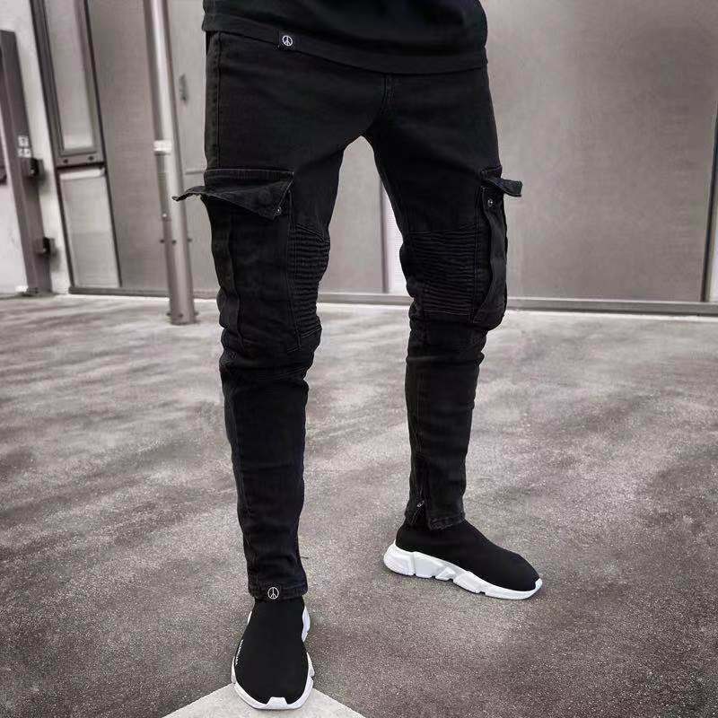 ผู้ชาย Biker Ripped กางเกงยีนส์ยาวกางเกง Skinny กางเกงยีนส์กางเกงทำลายยืด-สีดำกางเกง