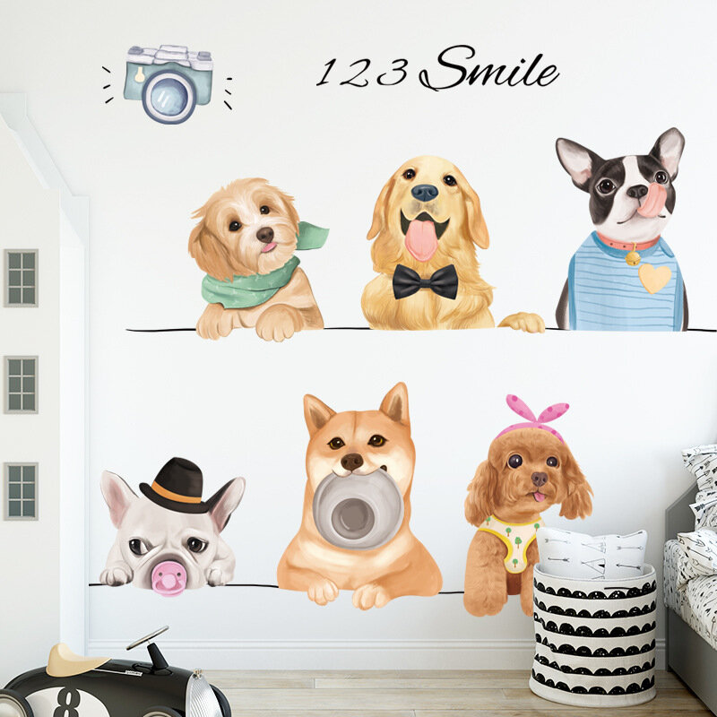 Cão bonito adesivos de parede crianças cabeceira quarto casa removível decoração cães adesivos de parede loja pet pintura criativa carto