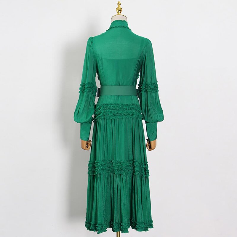 WQJGR-vestido verde De verano para mujer, prenda elegante De manga larga con fajas, estilo informal, para Fiesta