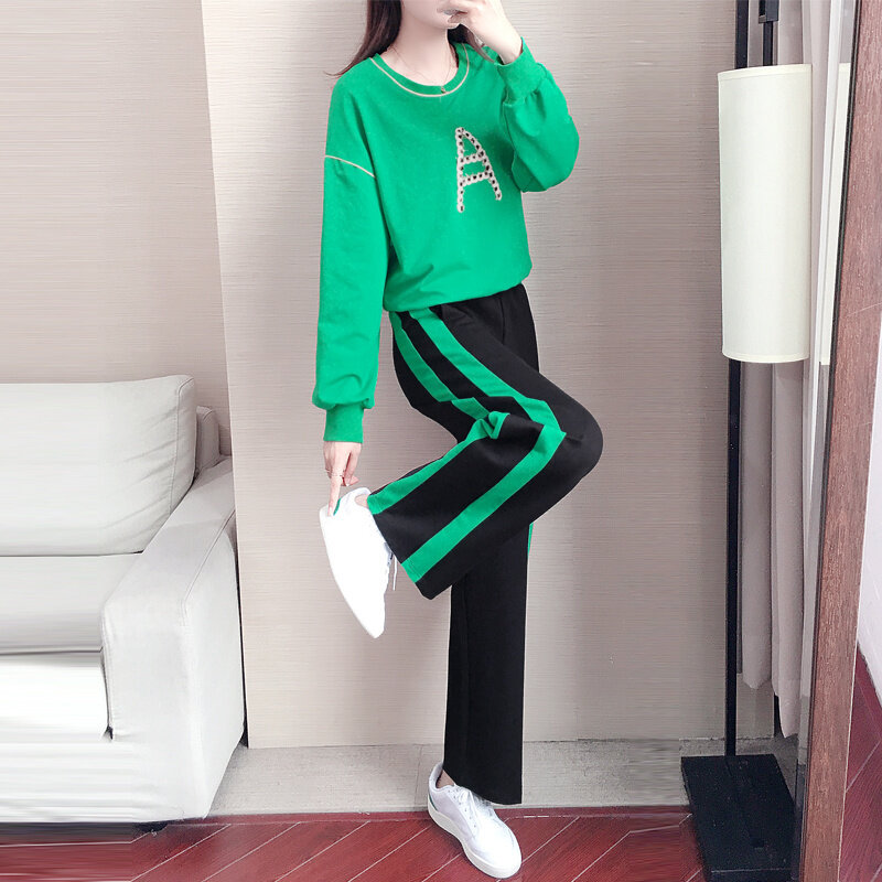 Costume deux pièces à jambes larges pour femmes, tenue décontractée à la mode, sweat-shirt vert assorti avec tout, automne 1108, 2021