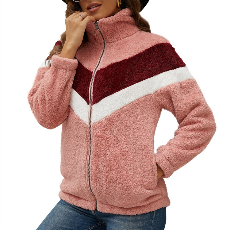 Suéter de felpa para mujer, cárdigan con cremallera, abrigo de lana de Color de contraste, chaqueta cálida, ropa de moda, otoño e invierno, novedad de 2021