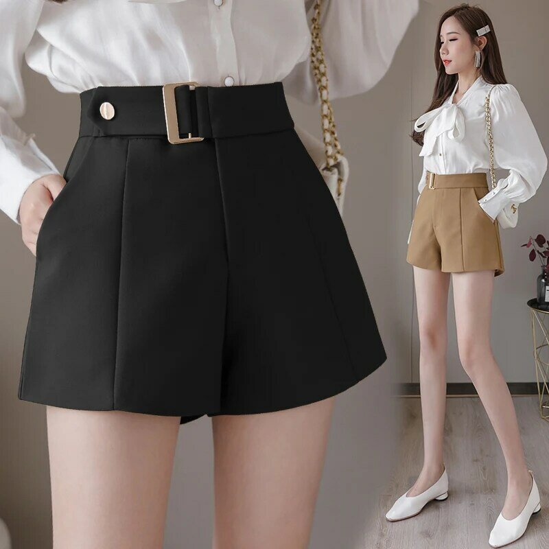 Feminino calças curtas primavera verão moda 2022 nova casual coreano a-line cintura alta solta faixas largas perna shorts feminino 531e