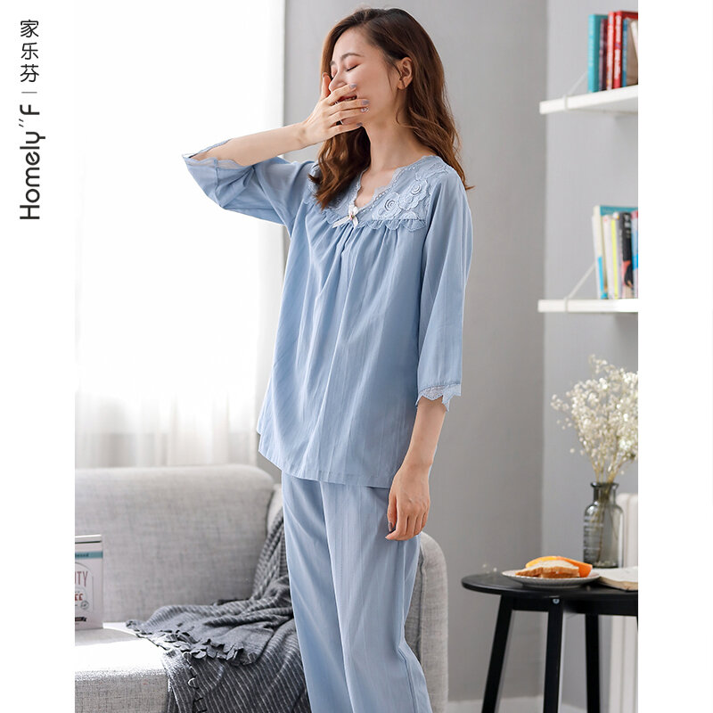 Pijama de algodão tencel para mulheres, verão, seda gelo, manga 3/4, roupa para casa, primavera e outono, meia-idade, macio