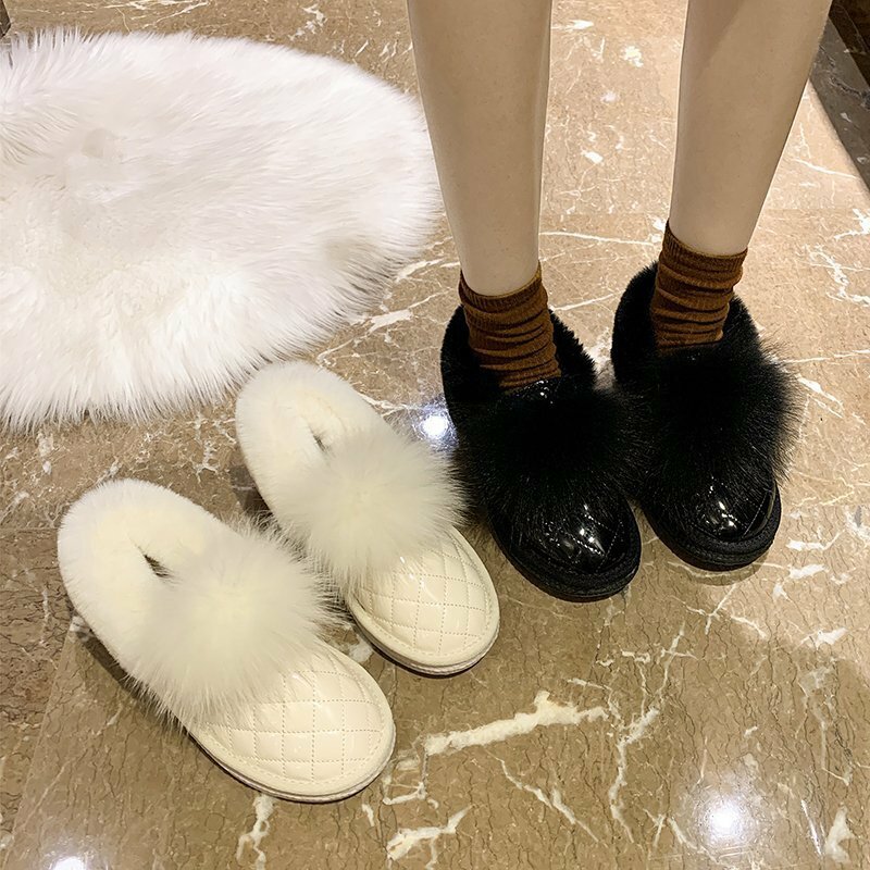 Zapatos de algodón para mujer, calzado grueso de terciopelo a pedal, zapatos de pan perezosos, botas de nieve cómodas de boca poco profunda, Invierno