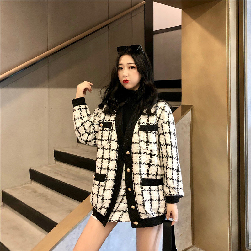 2021 Autumn Winter Fashion 2 Piece Set Women Long Sleeve Tweed Wool Jacket Coat+Mini Wool Skirt Set Ladies Vintage Clothing Sets