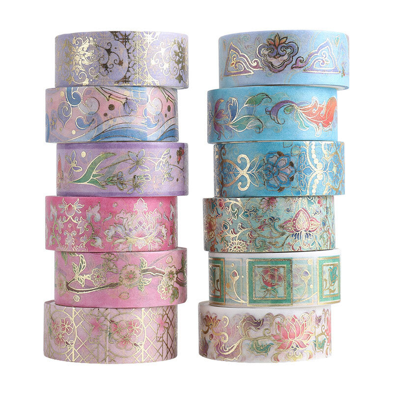 12 Rolls/Set Vintage Chinese Style Washi Tape Gold Foil Masking Tape Decorative Tape Diary Journaling Stationery School Supplies