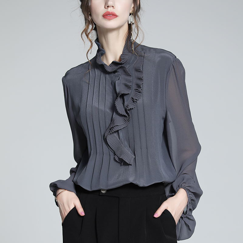 Silk shirt women's 2021 summer new design sense niche ruffled French shirt mulberry silk foreign style shirt