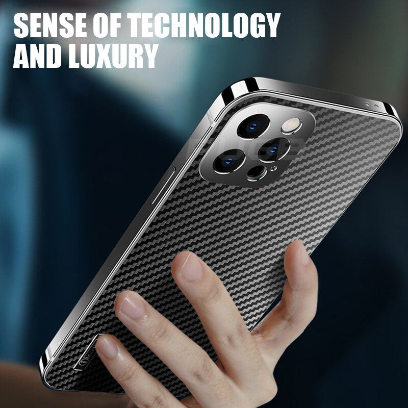 Coque antichoc de luxe en Fiber de carbone et acier inoxydable pour iPhone, compatible modèles 12, 13 Pro Max, protection en verre trempé