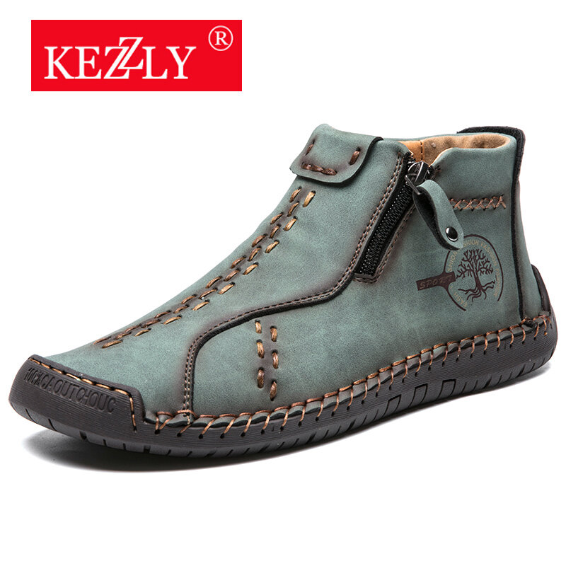 Kezzly sapatos masculinos ao ar livre com zíper, plus size, calçados casuais da moda com costura artesanal