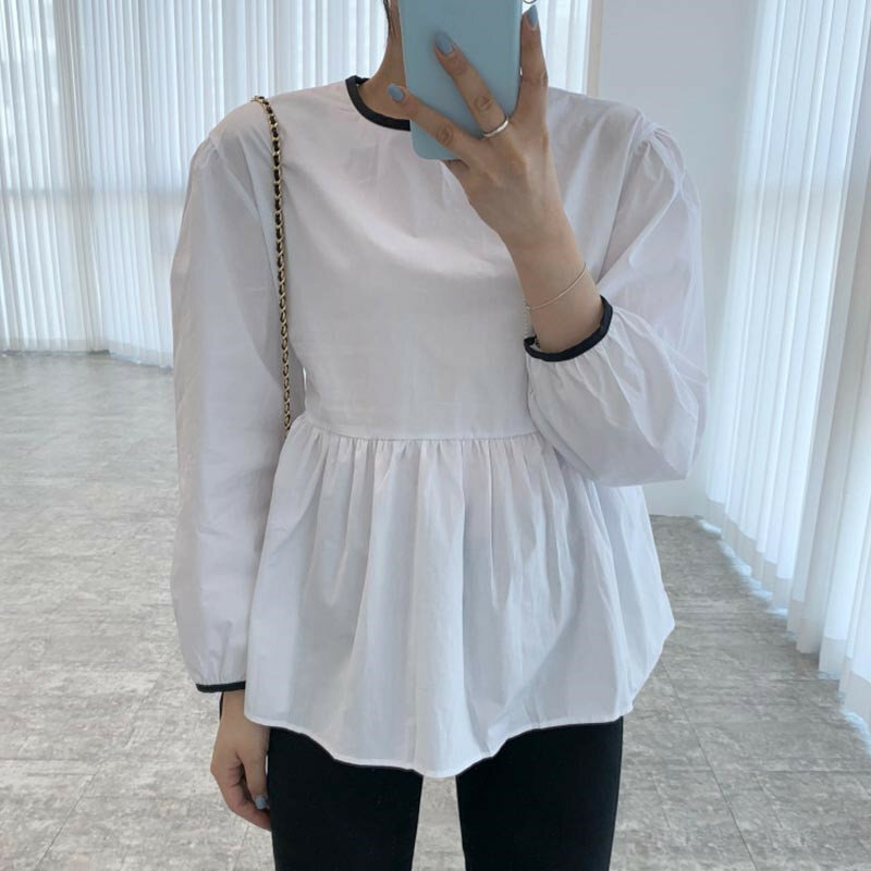 Kusahiki coréia chique camisa de boneca causal puff manga o pescoço blusa feminina topos 2021 primavera nova cintura fina blusas mujer de moda 6g487