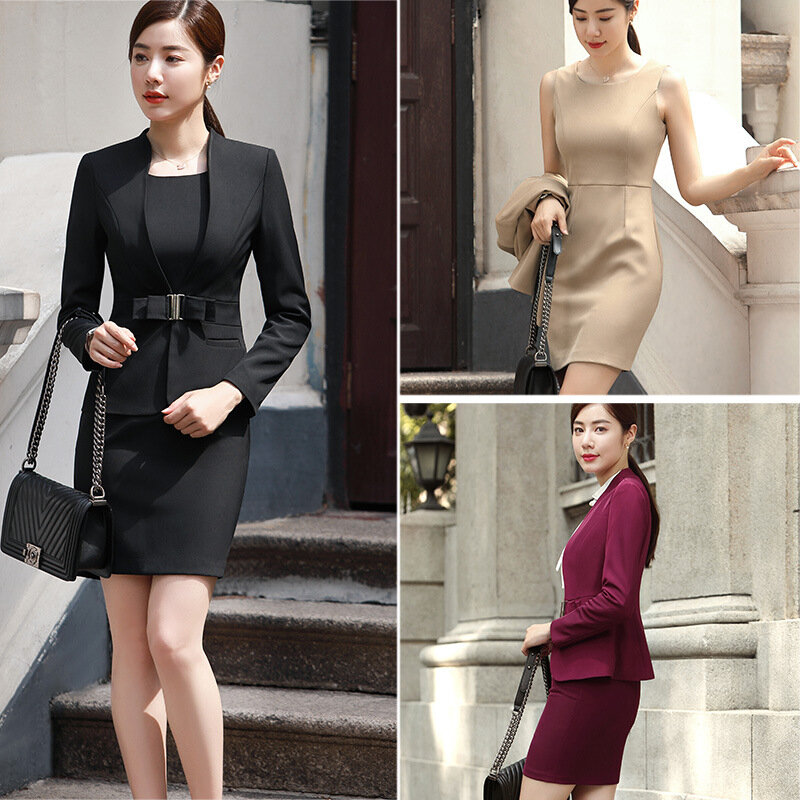 Костюм женский офисный из 2 предметов, элегантный пиджак и платье винного черного цвета, одежда для работы