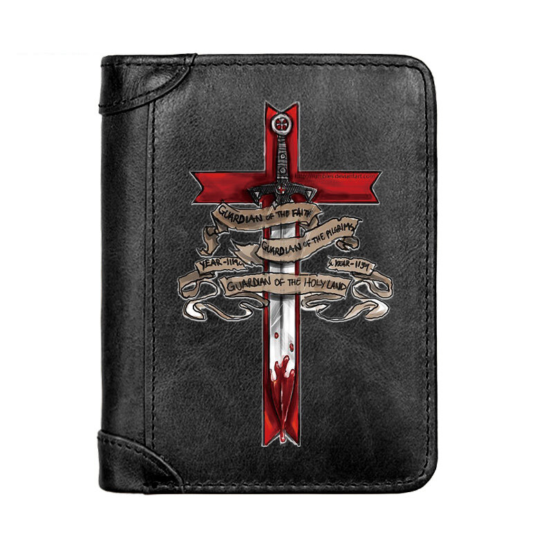 Portefeuille en cuir véritable pour homme, porte-monnaie imprimé épée de chevalier, sac de rangement multifonction pour cartes et pièces de monnaie