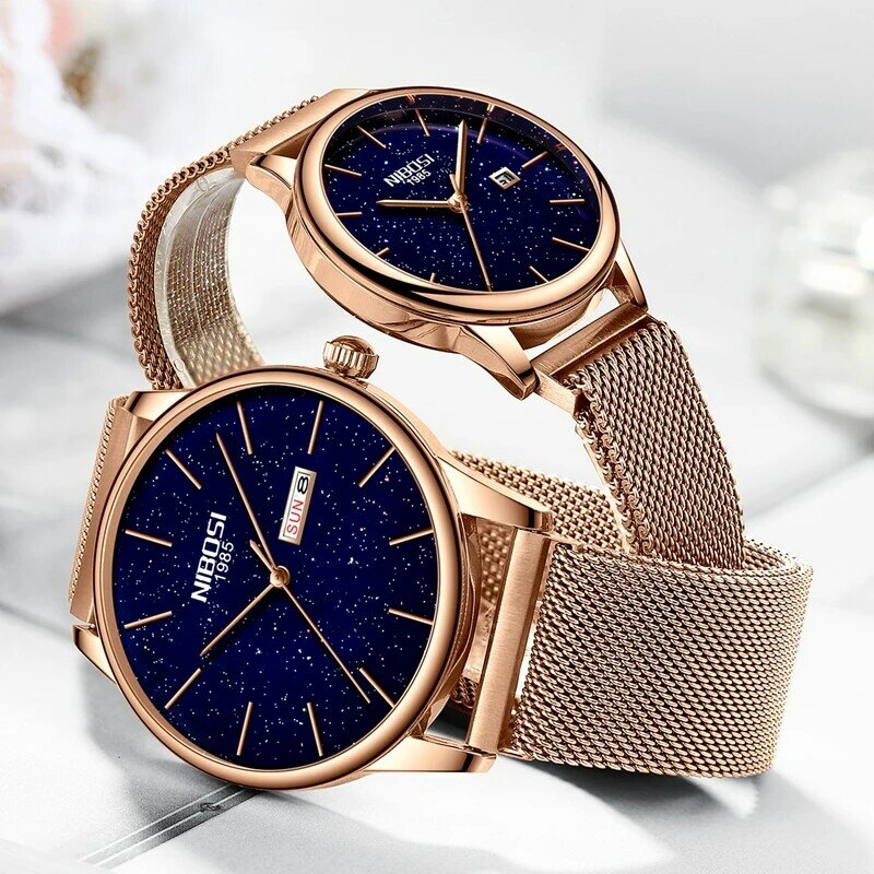 NIBOSI Rose Blue New Couple Watch Luxury Quartz Mens Watch Women Simple Wristwatch Clock Starry Sky Waterproof Lovers Gift Watch