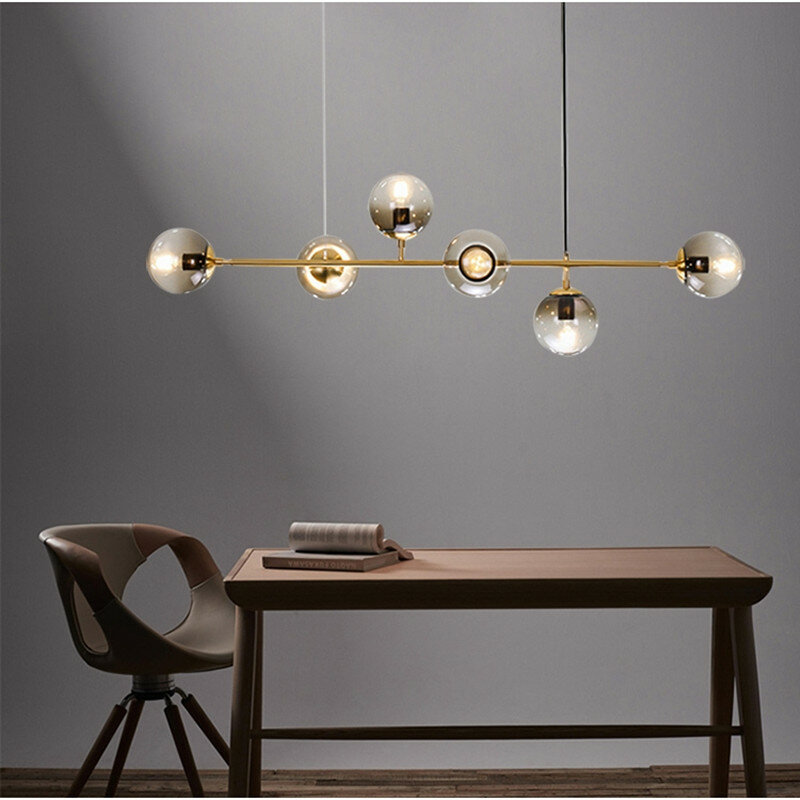 Modern Creative Design Glass Ball Molecular Led Chandelier Simple Gold Black Iron Art Hanging Light Dining Room Light E27 Bulb