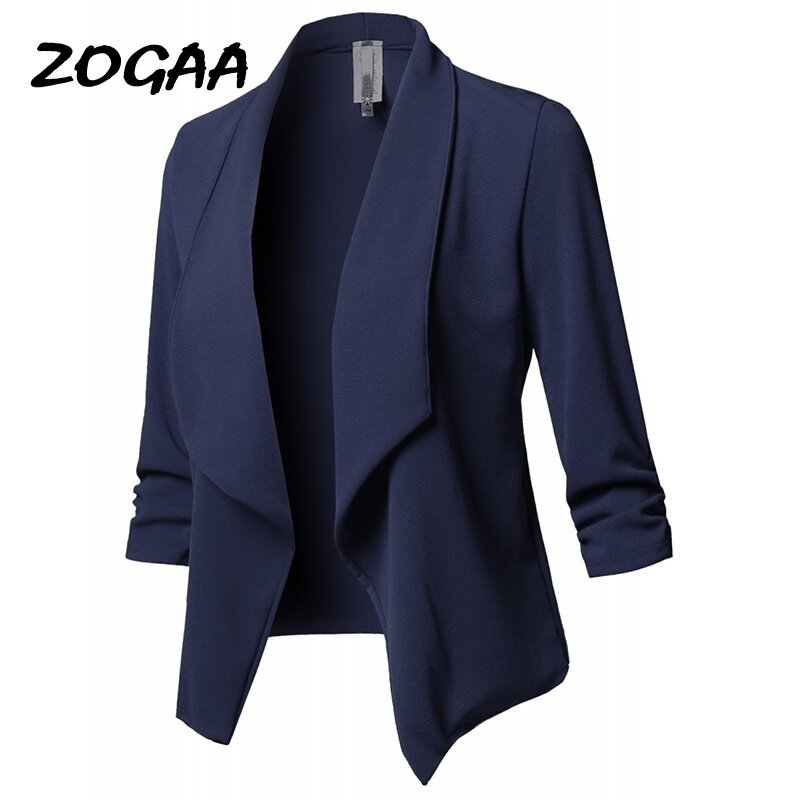 Zogaa blazer feminino moda cor sólida 3/4 manga jaqueta aberta magro simples blazer casual