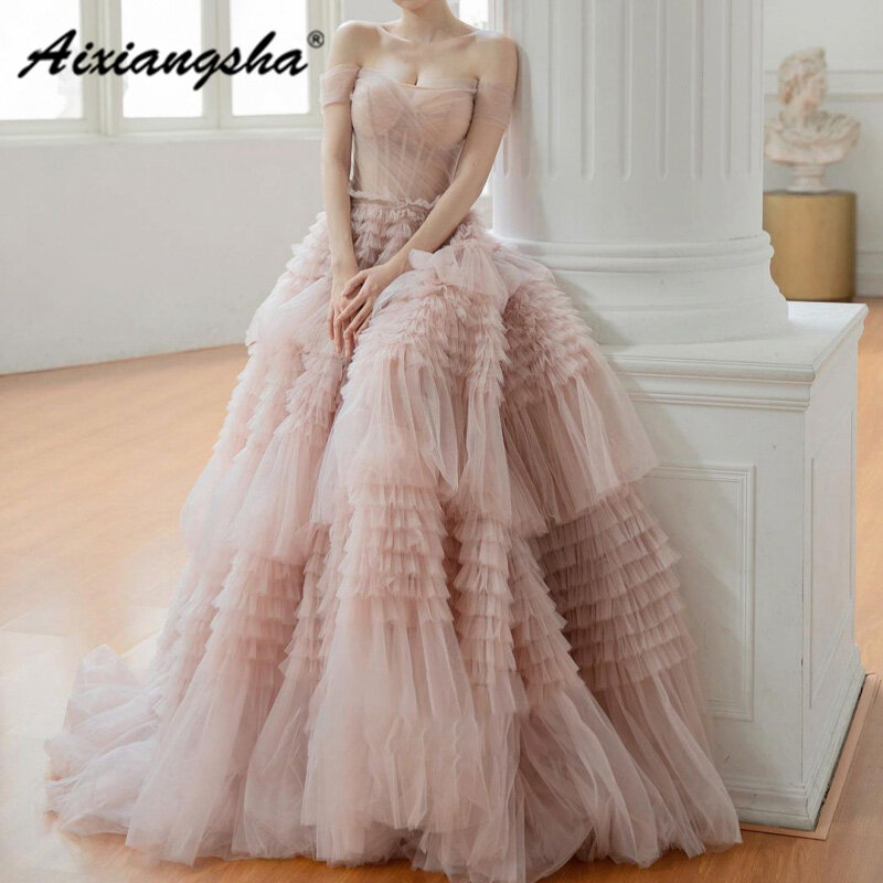 Aixiangsha Smoky Pink ชุดราตรีเค้กฉัตรปิดไหล่คนดัง Princess Gowns ดูผ่านมาใหม่