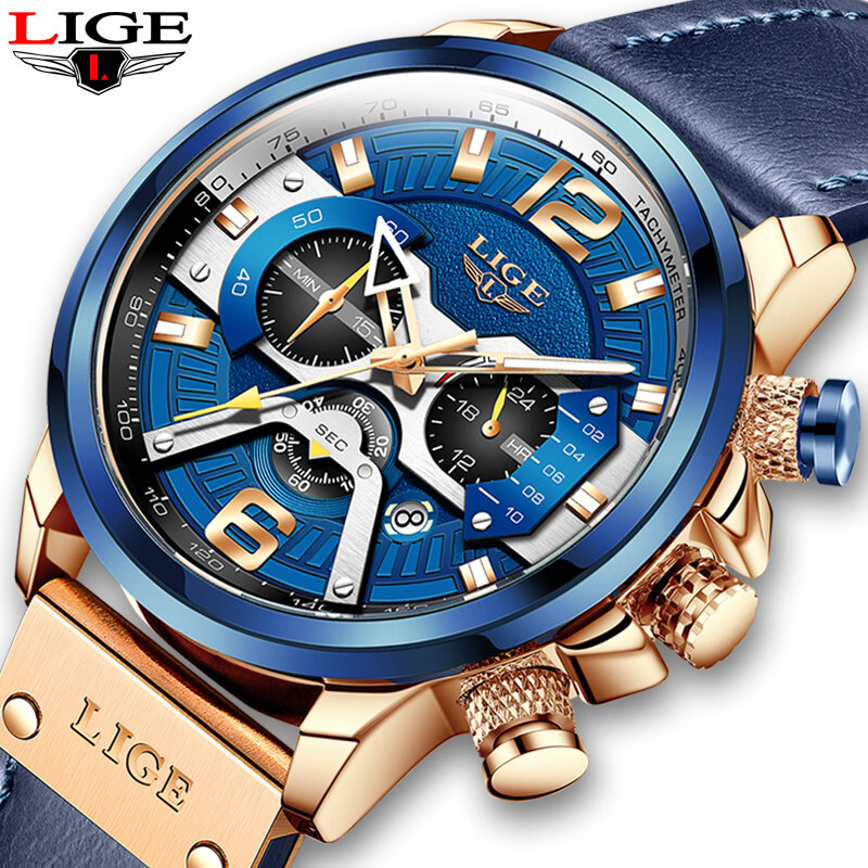 LIGE 캐주얼 스포츠 시계 남성용 블루 탑 브랜드 럭셔리 밀리터리 가죽 손목 시계 남자 시계 패션 크로노 그래프 손목 시계