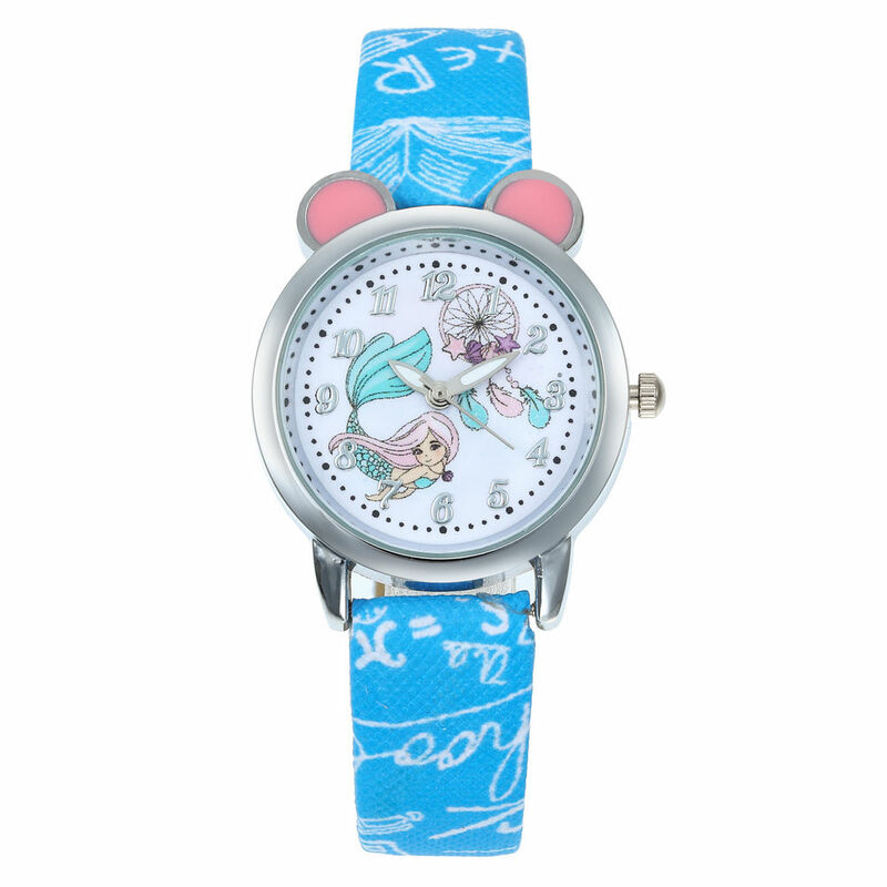 Adorável rosa sereia crianças relógios de pulso diamante dos desenhos animados pulseira de couro relógio de quartzo para o menino relógios relogio masculino saat