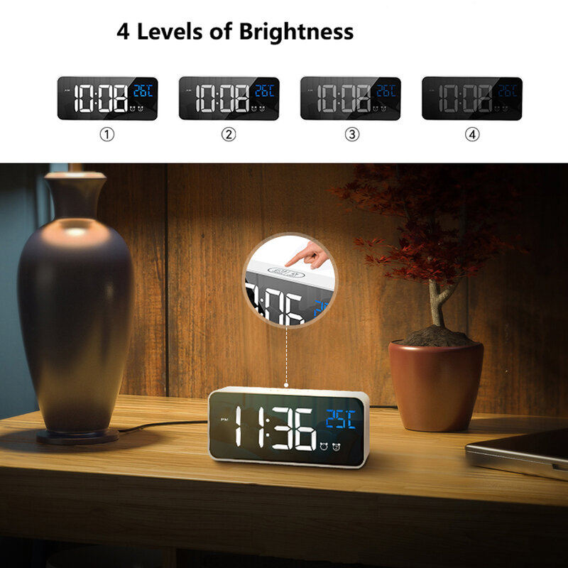 Bedside Wake Up Digital Mirror Led Music Alarm Clock with Snooze Temperature Thermometer Acoustic Voice Control Backlight