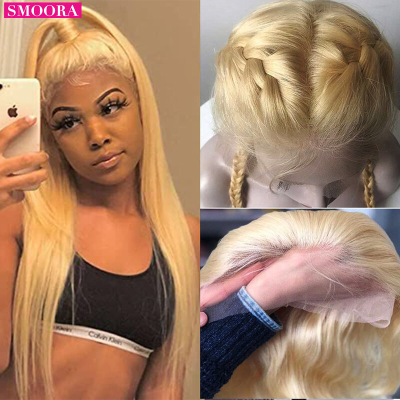 Perruque Lace Front Wig naturelle péruvienne Remy, cheveux lisses, blond 613, 13x4, 32 pouces, avec Baby Hair, Transparent 613