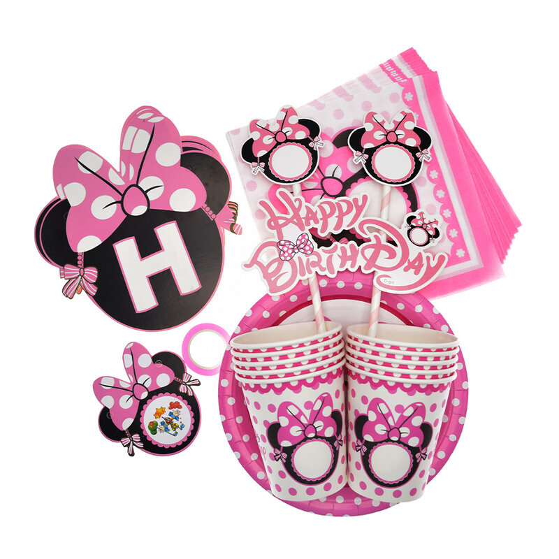 Set di stoviglie usa e getta a tema Mouse forniture per feste di compleanno per bambini piatto di carta tazza tovagliolo bandiera ragazza rosa decorazione torta nuziale