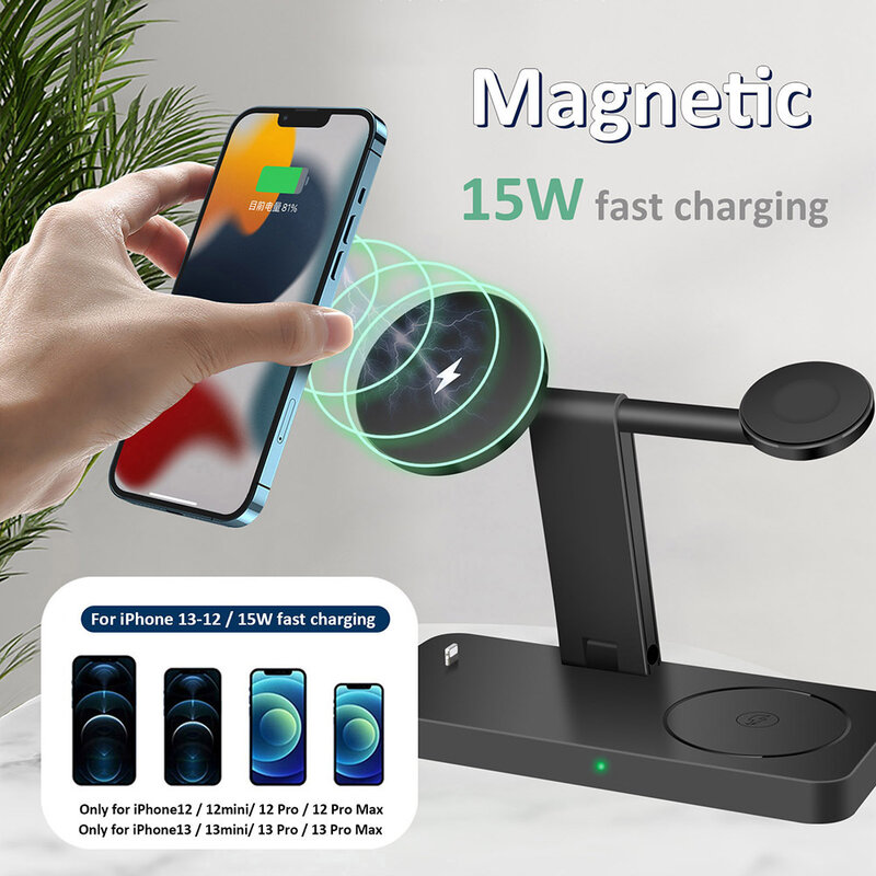 Magnetyczna bezprzewodowa ładowarka stojak 4 W 1 15W szybkie ładowanie stacja dokująca dla iPhone 12 13 Pro Max Samsung AirPods Apple Watch SE 6