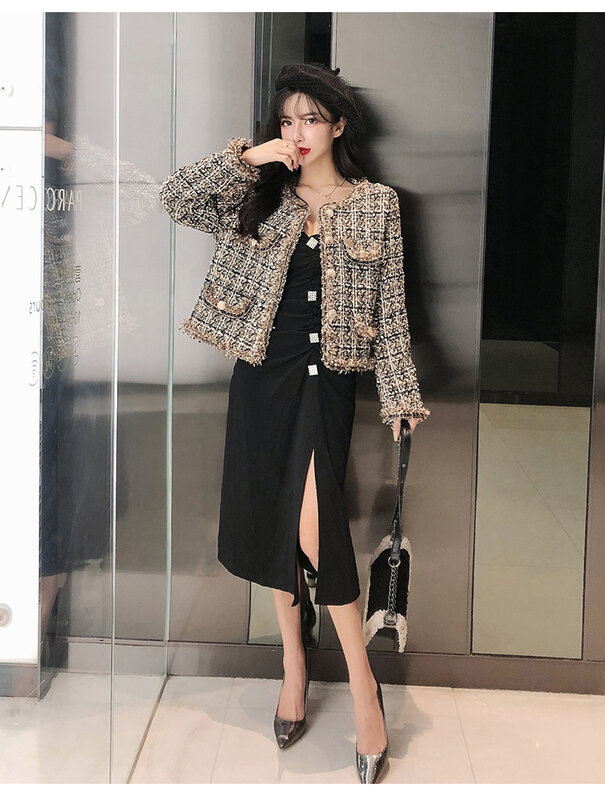 2022 outono inverno feminino pequena fragrância vintage xadrez tweed jaqueta casaco coreano elegante manga longa fino curto outerwear