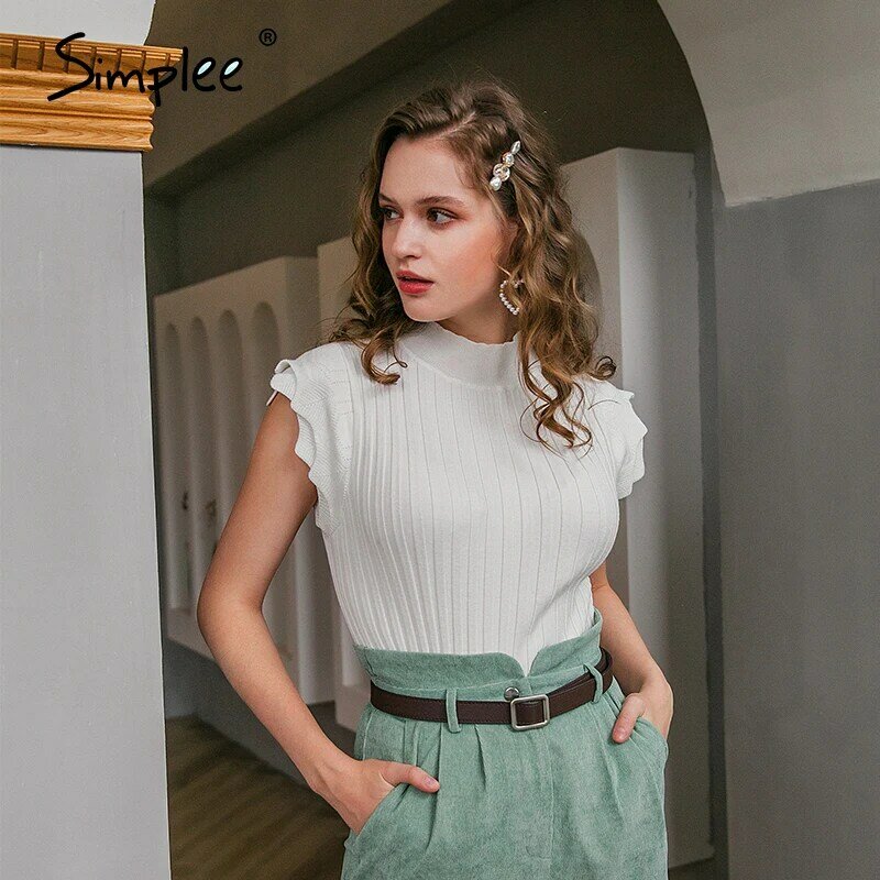 Simplee White autumn winter pullover Office ladies ruffle short sleeve turtleneck sweater Slim tight stripe knitted pullover