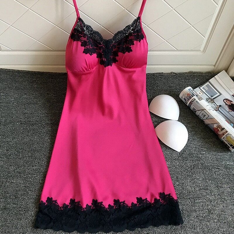 Frauen Nachthemden Satin Spitze Sexy Dessous Sommer V-ausschnitt Ärmellose Nacht Kleid Nachtwäsche Kleid Brust Pad Nachthemd