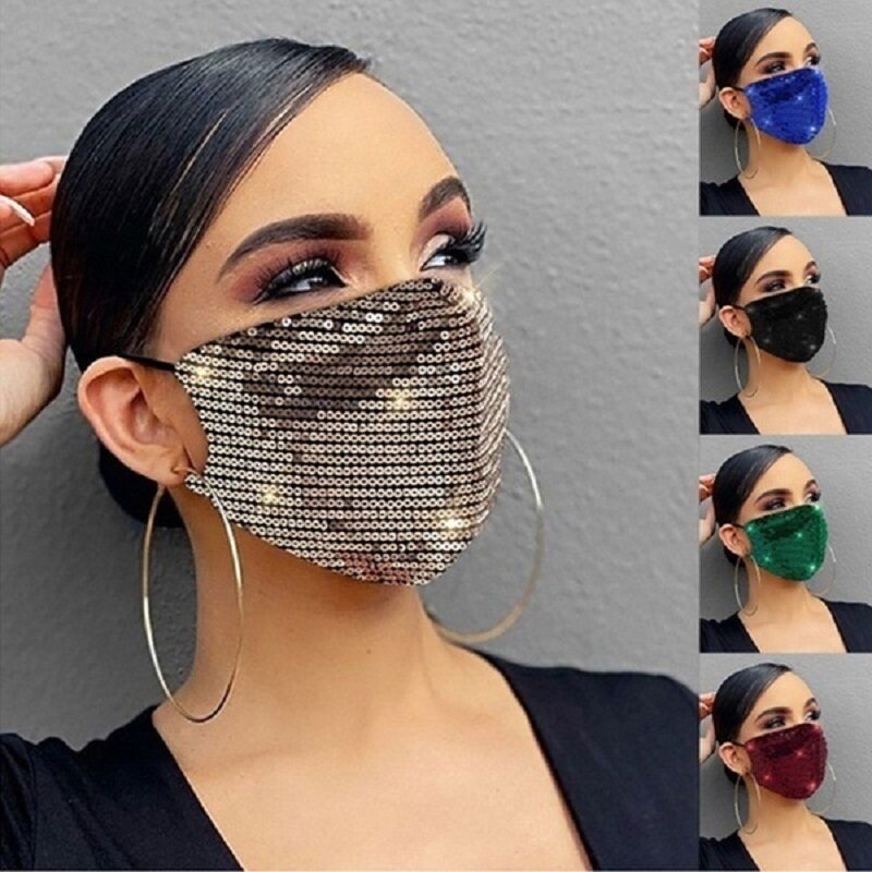 スパンコール付きの再利用可能なフェイスマスク,洗える,女性のためのファッショナブルな,贅沢な,黒,1ピース