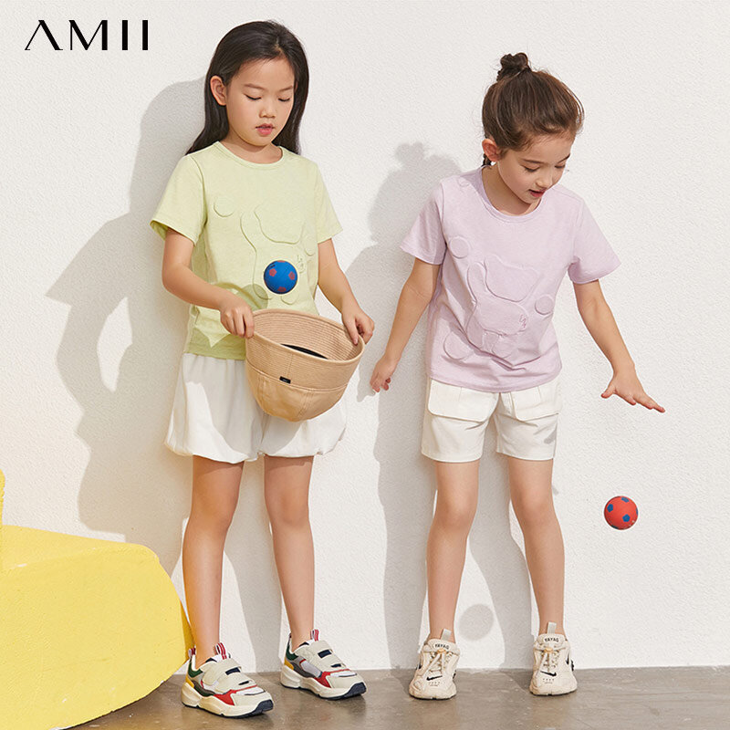 Amii Minimalism ครอบครัวฤดูร้อนเสื้อผ้าแฟชั่นแม่และลูกสาวการจับคู่ชุดหญิงเสื้อยืดหญิง Tops 22140027
