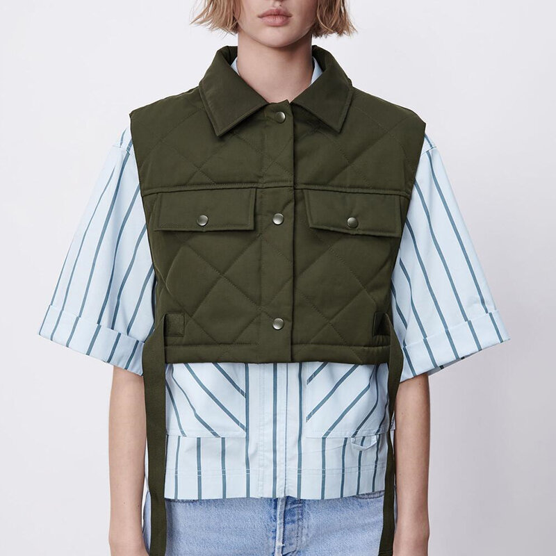 Frauen Weste Armee Grün Revers Ärmellose Jacke 2021 Mode Große Tasche Design Weste Streetwear Tops