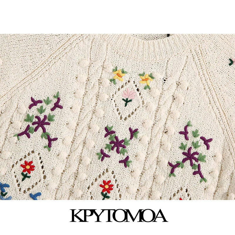 KPYTOMOA Frauen 2020 Fashion Floral Stickerei Cropped Gestrickten Pullover Vintage O Hals Kurzarm Weibliche Pullover Chic Tops