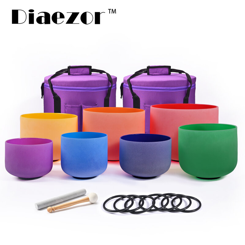 Diaezor 7-12 pouces 7 pièces ensemble Note CDEFGAB Chakra coloré bols chantants en cristal de Quartz givré avec 2 pièces étui gratuit pour la méditation