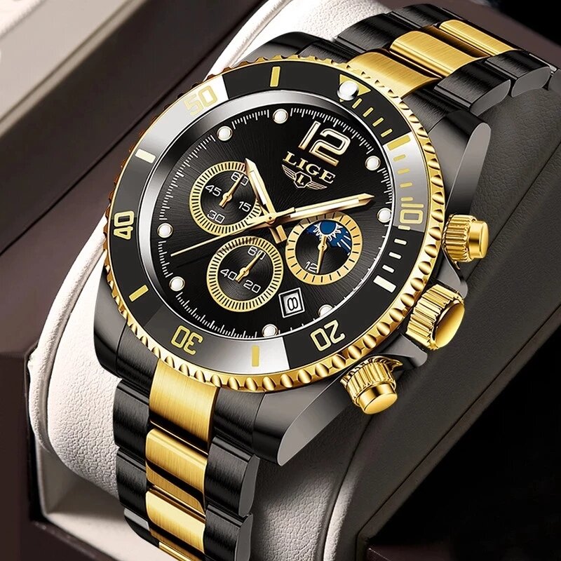 นาฬิกา LIGE บุรุษแบรนด์แฟชั่นหรูหราธุรกิจนาฬิกาผู้ชายสแตนเลสกันน้ำนาฬิกาข้อมือ Relogio Masculino + กล่อ...