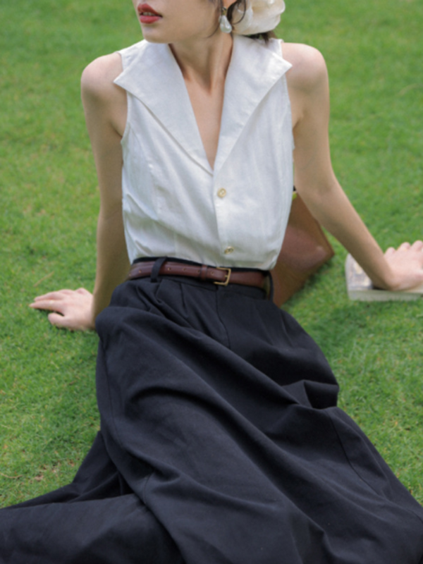 자카드 세로 줄무늬 프렌치 민소매 숄더 컷 라펠 셔츠 여성 패션 통근 영국 여름 여성 의류