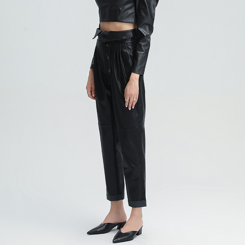 Deuxtwinstyle sarouel pour femmes taille haute Patchwork Pu ample Streetwear pleine longueur noir pantalon femme 2020 nouveaux vêtements