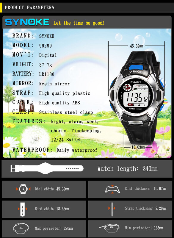 Synoke relógio de pulso esportivo para crianças, relógio digital à prova d'água com led e alarme, fashion para meninos e meninas